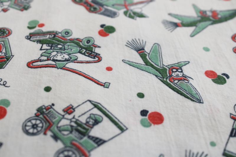 30s 40s vintage print feedsack fabric, boys w/ rocket planes, steam shovel, fire trucks 