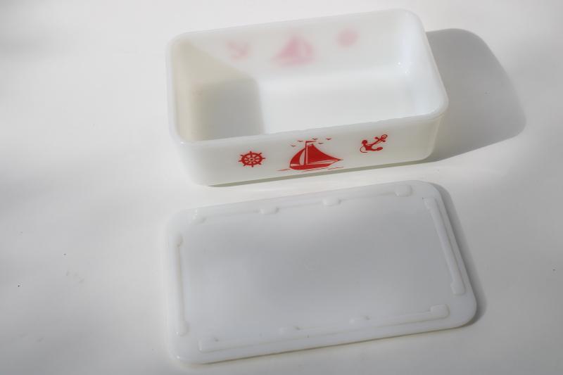 30s vintage McKee red sailboats milk glass refrigerator box, leftovers dish w/ cover 
