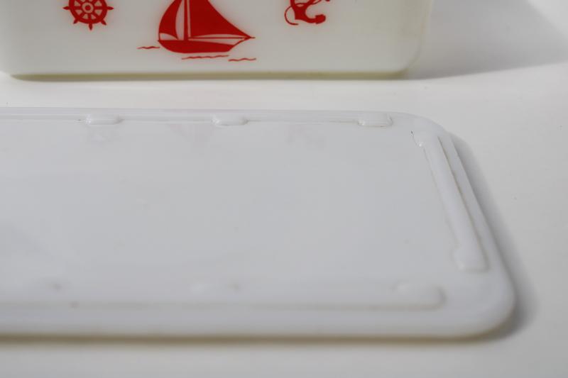 30s vintage McKee red sailboats milk glass refrigerator box, leftovers dish w/ cover 