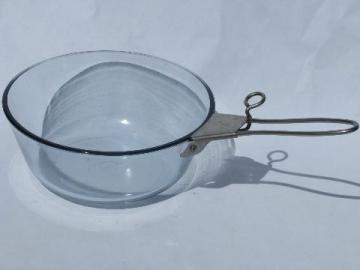 30s vintage Pyrex sapphire blue glass Flameware pan, detachable handle