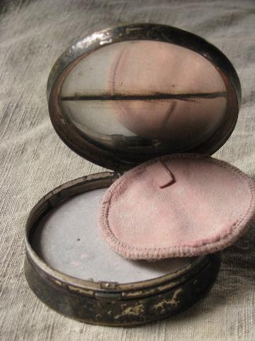 30s vintage double compact for powder and rouge, antique nickel silver