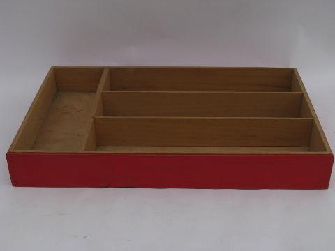 30s vintage flatware / kitchen utensil tray, old wood knife box, red paint