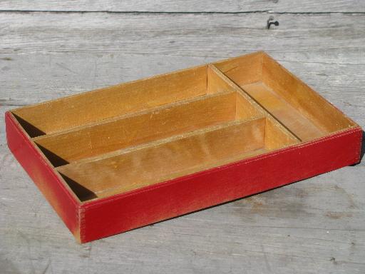 30s vintage flatware / kitchen utensil tray, old wood knife box, red paint