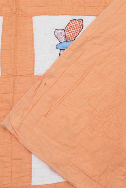 30s vintage make do quilt, depression era sugar sacks & feedsack fabric applique butterflies