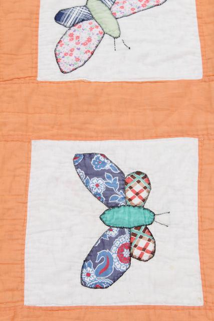 30s vintage make do quilt, depression era sugar sacks & feedsack fabric applique butterflies