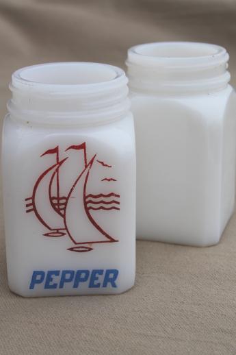 30s vintage milk glass S&P shakers spice jars, pepper jar w/ sailboat