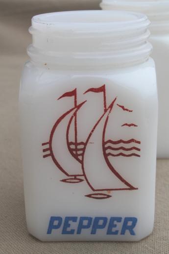 30s vintage milk glass S&P shakers spice jars, pepper jar w/ sailboat
