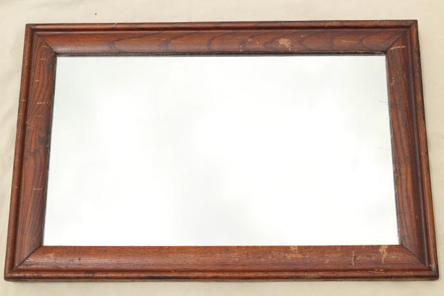 30s vintage oak framed plain glass mirror, industrial office furniture w/ rustic patina