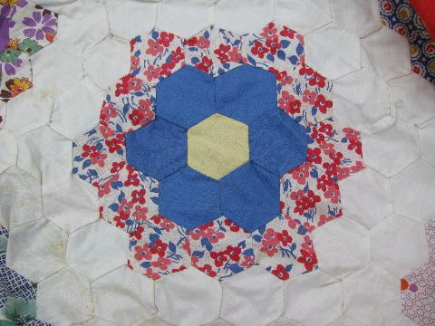 30s vintage patchwork quilt top, old cotton prints, grandma's flower garden