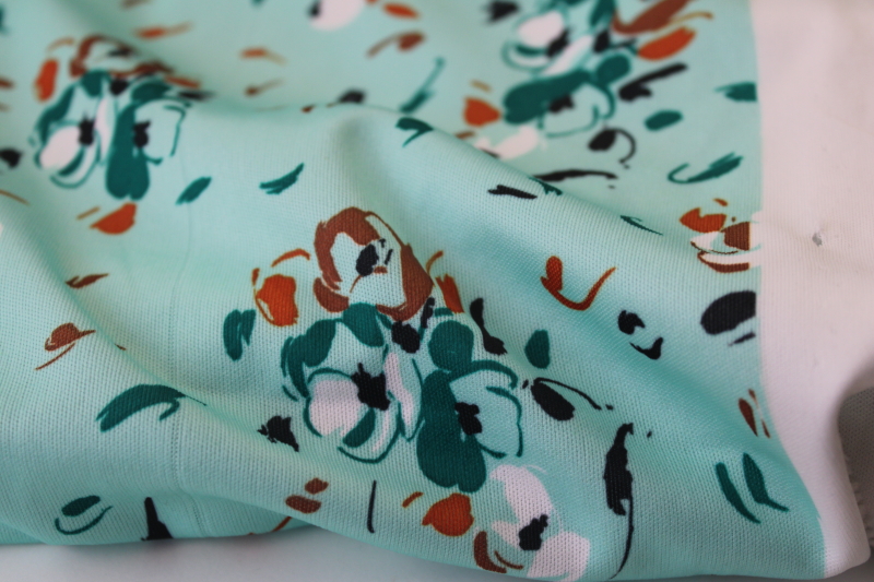 4 plus yards poly tricot knit fabric, 70s vintage dress material mint green w/ abstract flowery print