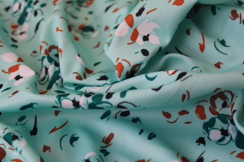 4 plus yards poly tricot knit fabric, 70s vintage dress material mint green w/ abstract flowery print