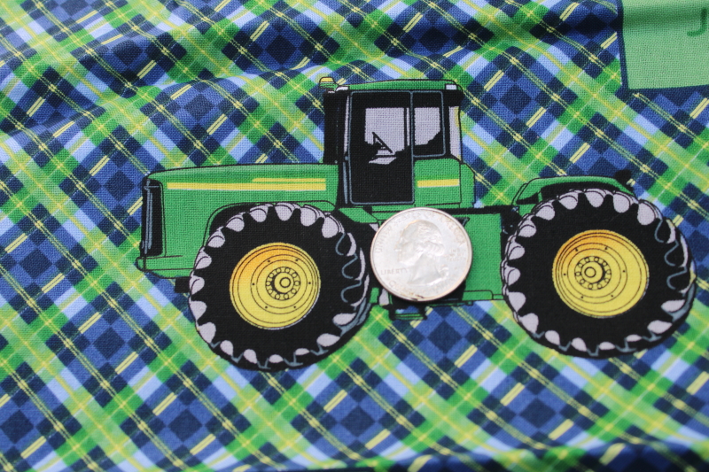 4 yards John Deere tractors green blue plaid print fabric, quilting weight cotton