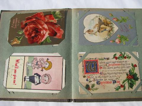 40+ Holiday & Christmas postcards in antique album, vintage 1908