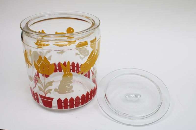 40s 50s vintage Anchor Hocking glass jar storage canister, baby animals print