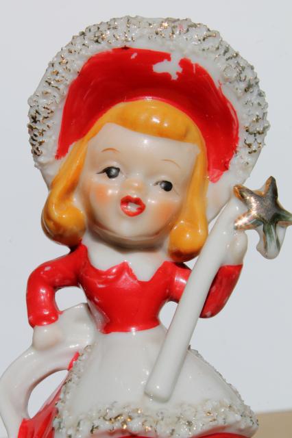 40s 50s vintage Christmas bell china figurine, girl w/ spaghetti fur trimmed red hood