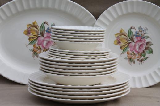 40s 50s vintage Knowles china dinnerware dishes set w/ pink rose yellow tulip floral 