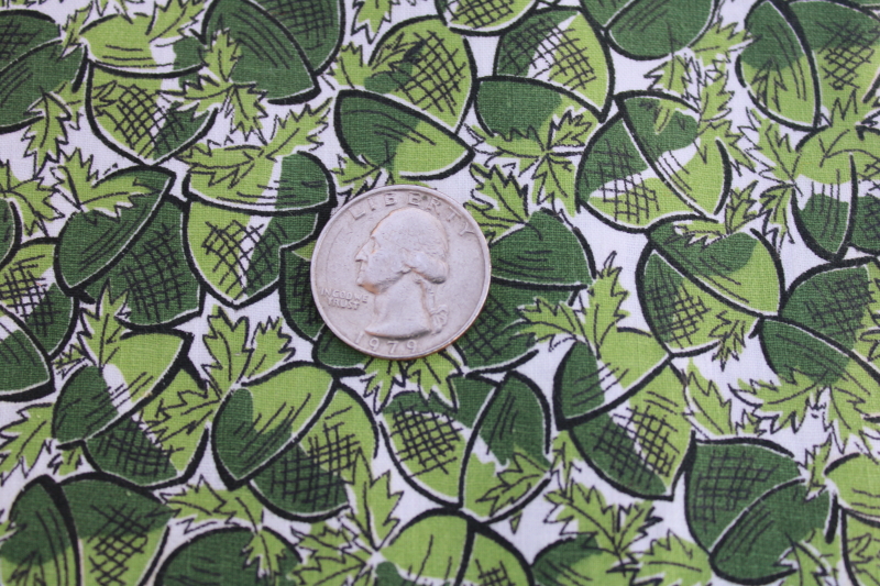 40s 50s vintage acorns  oak leaves print crisp cotton fabric shades of green on white