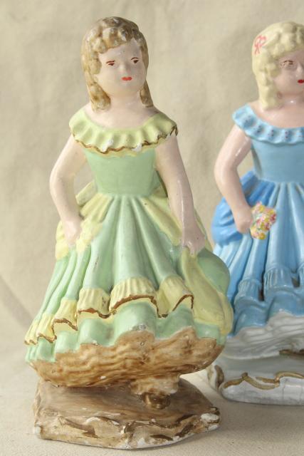 40s 50s vintage chalkware figures / doorstops, girls w/ ringlet curls in green & blue dresses