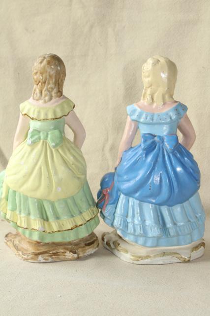40s 50s vintage chalkware figures / doorstops, girls w/ ringlet curls in green & blue dresses