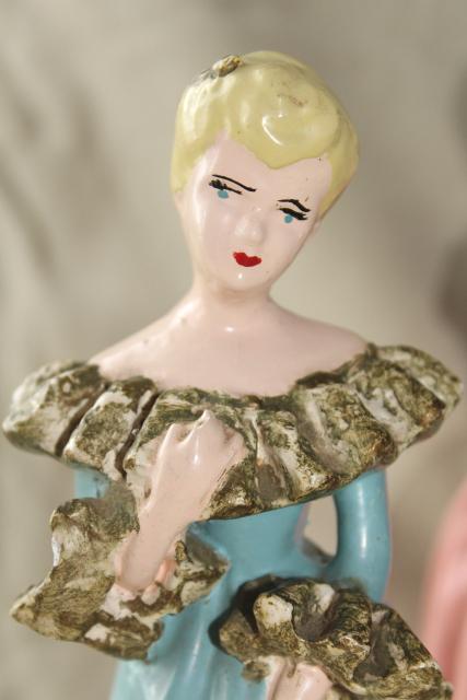 40s 50s vintage chalkware figures / doorstops, southern belles ladies in pink & blue dresses