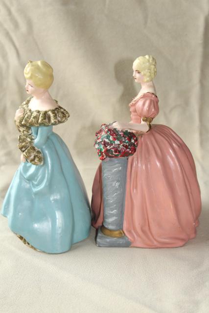 40s 50s vintage chalkware figures / doorstops, southern belles ladies in pink & blue dresses