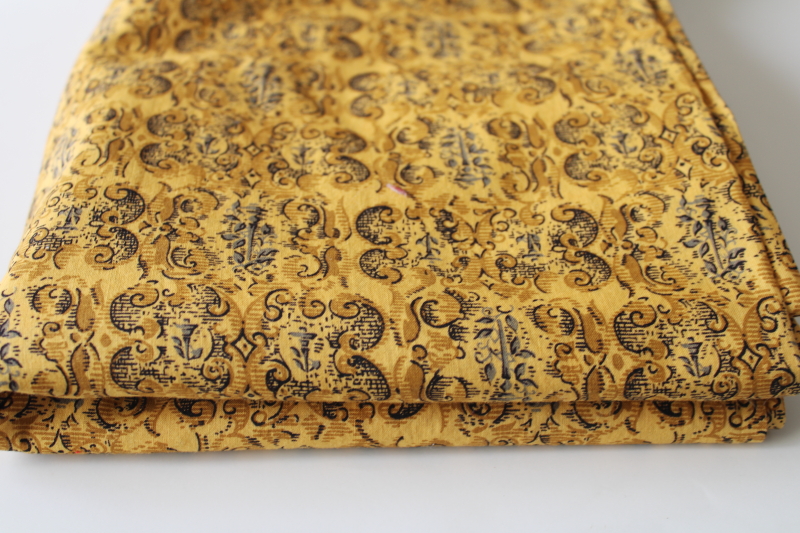 40s 50s vintage cotton fabric, chic print in grey  brown on mustard gold