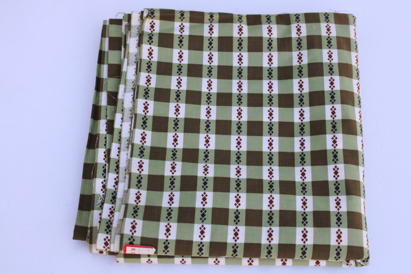 40s 50s vintage cotton fabric for dress or shirt, checked print olive green, brown, black