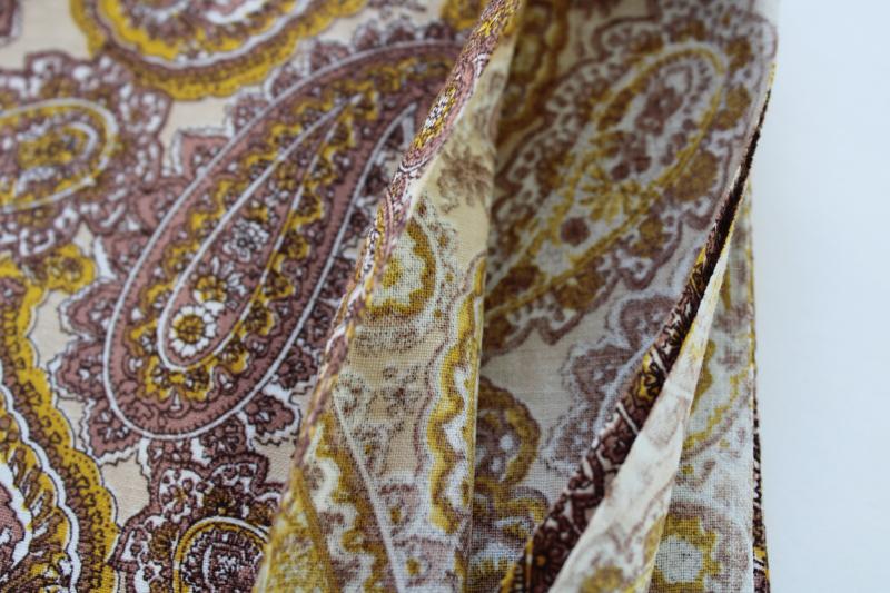 40s 50s vintage cotton fabric, paisley print brown & yellow gold on white