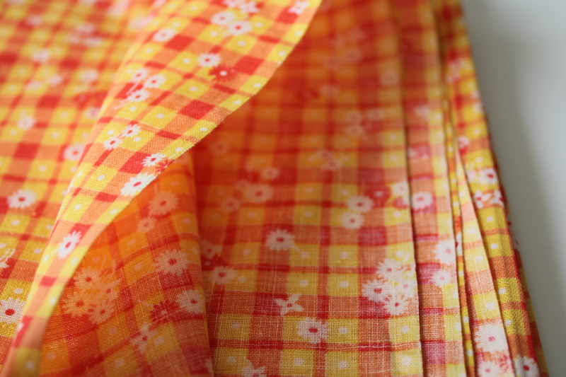 40s 50s vintage cotton fabric, retro yellow  red plaid w/ flowered print