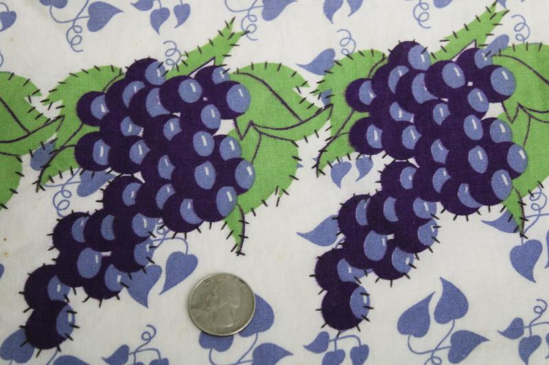 40s 50s vintage cotton feed sack fabric, border print blue & green grapes