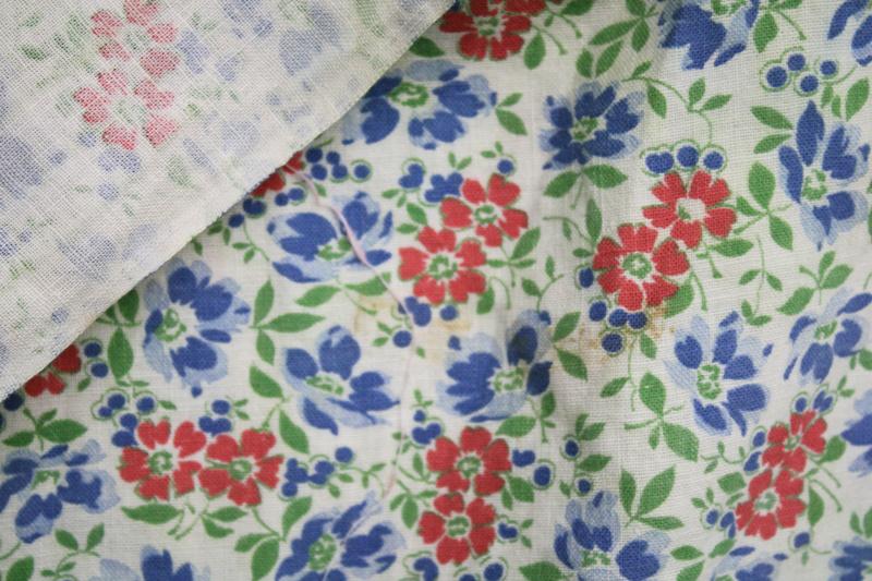 40s 50s vintage cotton feed sack fabric, floral print red & blue flowers