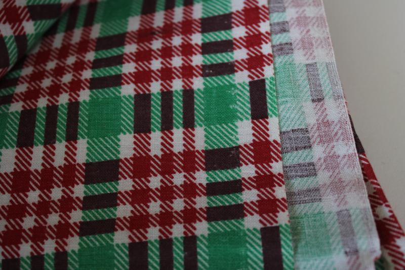 40s 50s vintage cotton feedsack fabric, red & green checked plaid print
