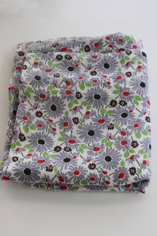 40s 50s vintage fabric, sheer crisp cotton lawn w/ grey, red, green floral print