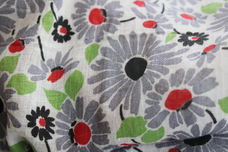 40s 50s vintage fabric, sheer crisp cotton lawn w/ grey, red, green floral print