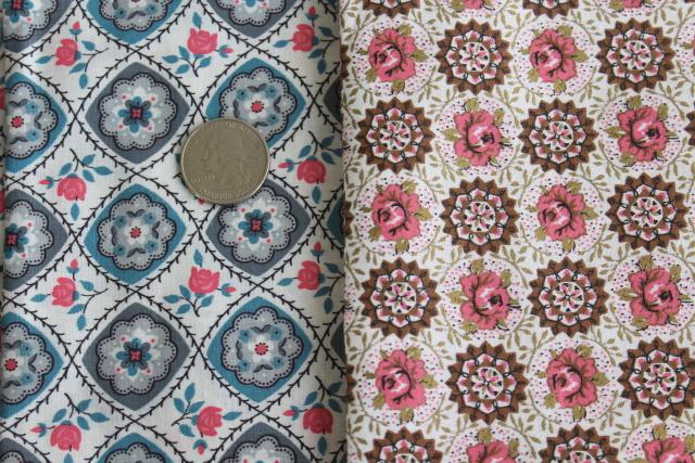 40s 50s vintage floral print cotton fabric, roses in pink / brown & blue / grey