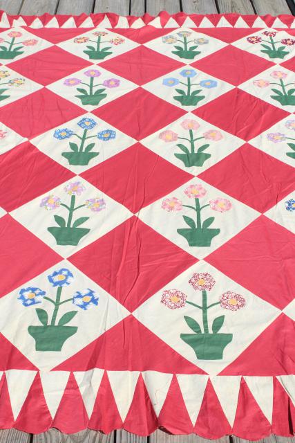 40s 50s vintage flower garden applique quilt top, hand stitched cotton flowers in planter pots