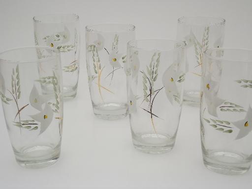 40s 50s vintage hand painted glasses, flowered glass tumblers set 