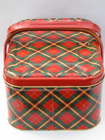 40s - 50s vintage metal litho picnic basket hamper tin, red plaid print