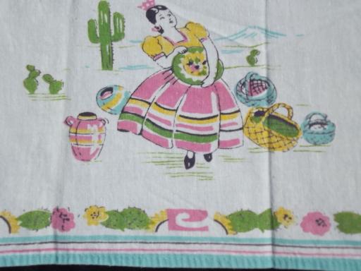 40s 50s vintage old Mexico kitchen towels, Mexican theme in pink and aqua