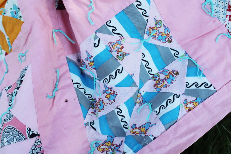 40s 50s vintage pinwheel patchwork quilt, colorful prints, candy pink cotton border