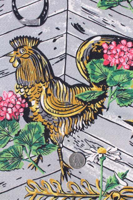 40s 50s vintage print cotton barkcloth fabric - roosters, pink geraniums, grey barn wood