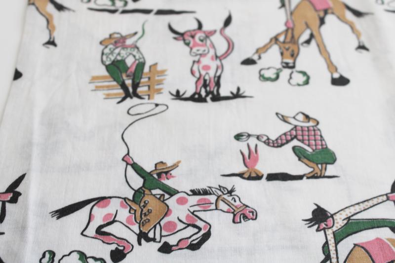 40s 50s vintage print cotton feed sack fabric, rodeo cowboys, Texas longhorns ranchers