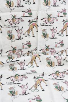 40s 50s vintage print cotton feed sack fabric, rodeo cowboys, Texas longhorns ranchers
