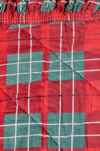 40s 50s vintage red & green tartan plaid quilted cotton comforter quilt w/ perky ruffle