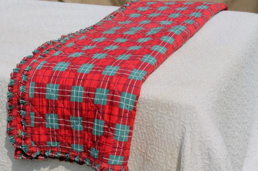 40s 50s vintage red & green tartan plaid quilted cotton comforter quilt w/ perky ruffle