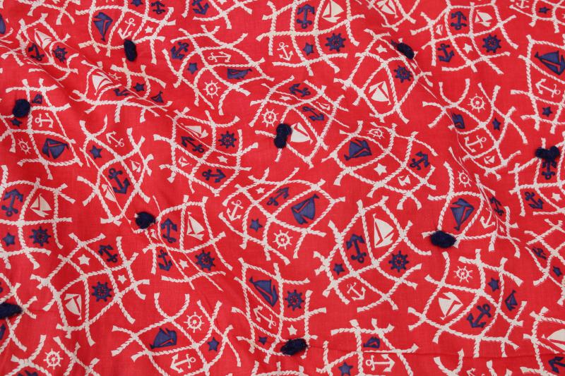 40s 50s vintage tied comforter quilt, red white blue nautical cotton print fabric