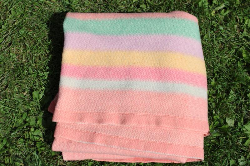 40s 50s vintage wool camp bed blanket candy striped jade green, blue, yellow on pink