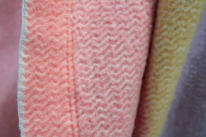 40s 50s vintage wool camp bed blanket candy striped jade green, blue, yellow on pink