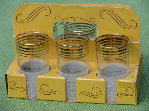 40s vintage Corning glass tumblers in original box, white frost and gold