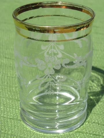 40s vintage Corning glass tumblers in original box, white frost floral